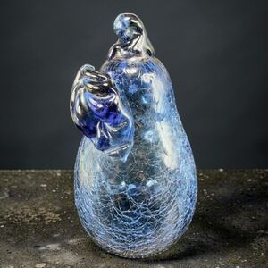 Vintage Blown Art Glass Pear Figurine‎ Blue Crackle Glass Paperweight with Leaf